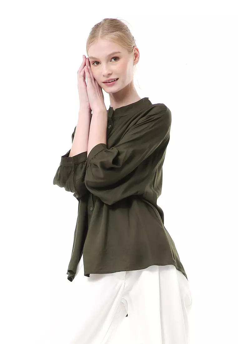 Ghita Kemeja Atasan Wanita Motif Polos Long Sleeve High Quality - Army
