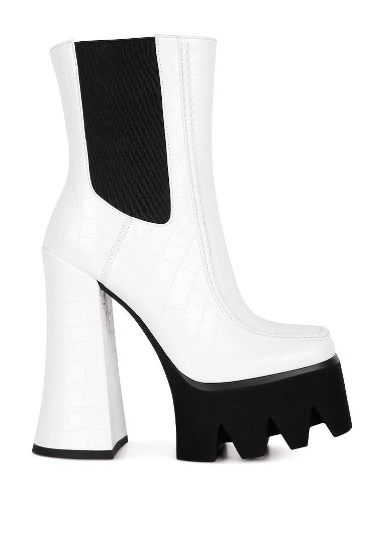 White High Platform Block Heel Lace Up Biker Boots