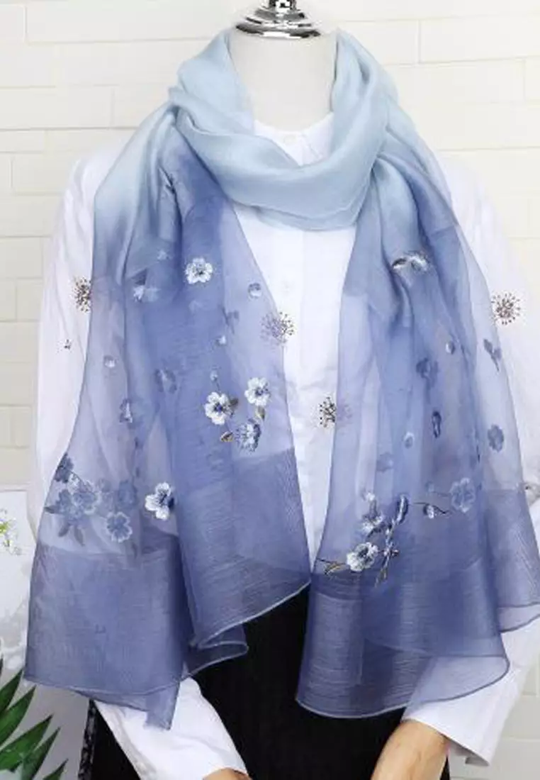 Golden Thread Gradient Embroidery Flowery Silk Shawl Syal Sutra Wanita Misty Blue 