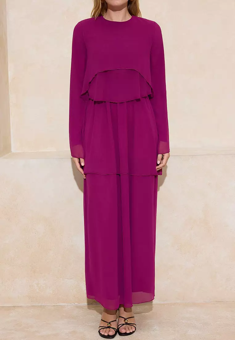 Fuchsia Layered Lined Silk Chiffon Dress Tctss26Eb00002