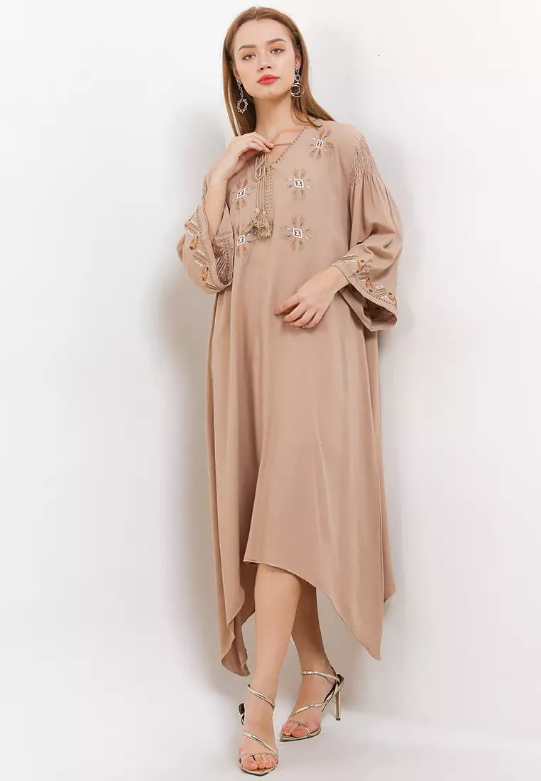 Asym Hem Emb Linen Smocked Detail On Sleeve Tunic