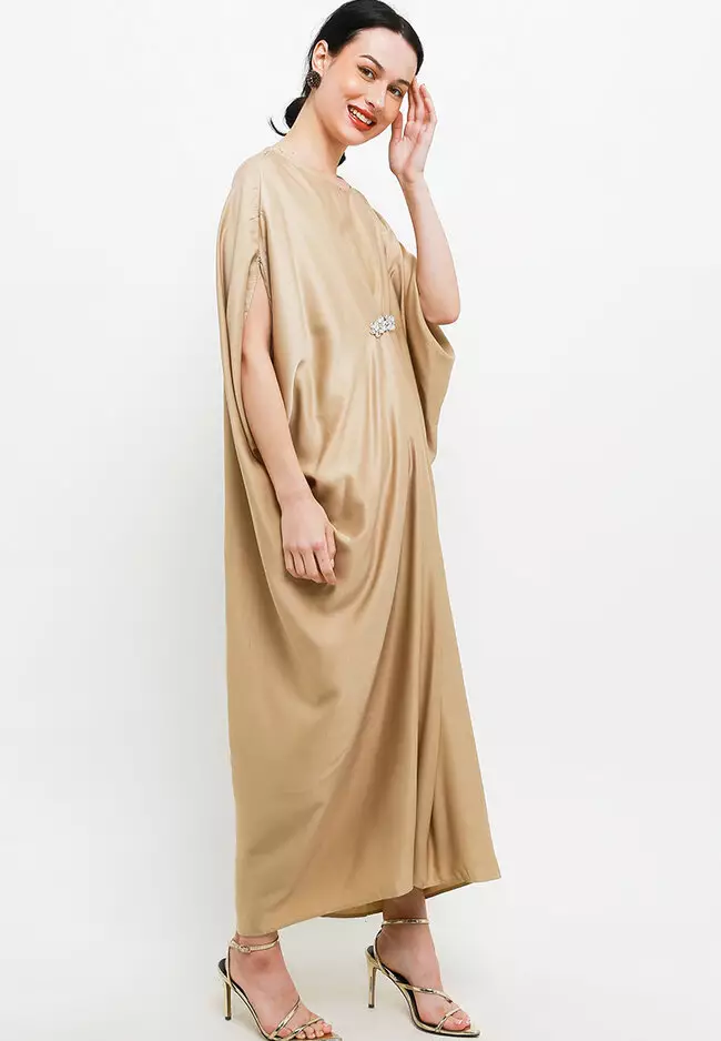 Pleated Sateen Kaftan With Crystal Chain Detail