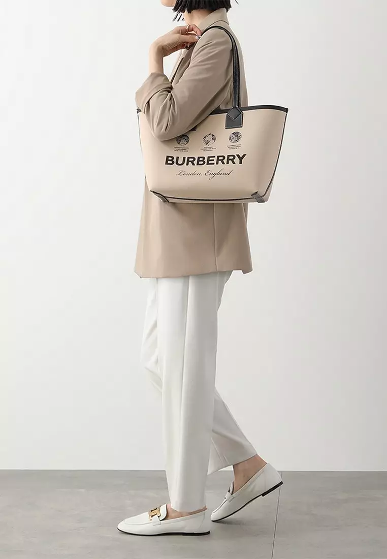 Buy Burberry Burberry Label Print Small London Tote Bag in Beige