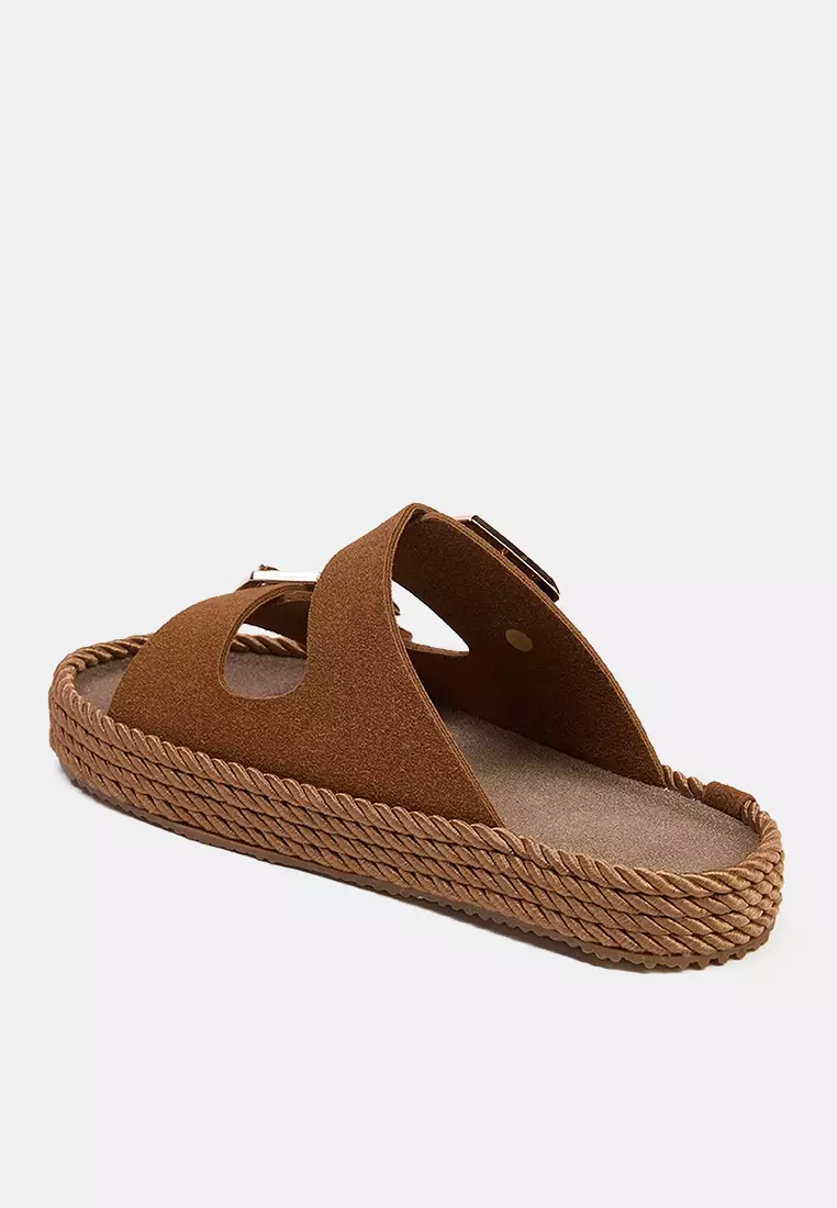 Tan Double Striped Gold Antique Buckle Women's Thick Sole Slippers Takss25Sd00073