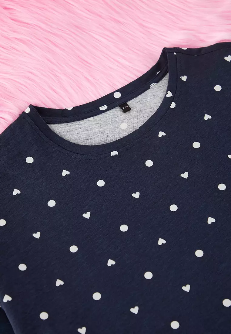 Navy Blue Heart Patterned Knitted Pajama Set TBBSS25AI00023