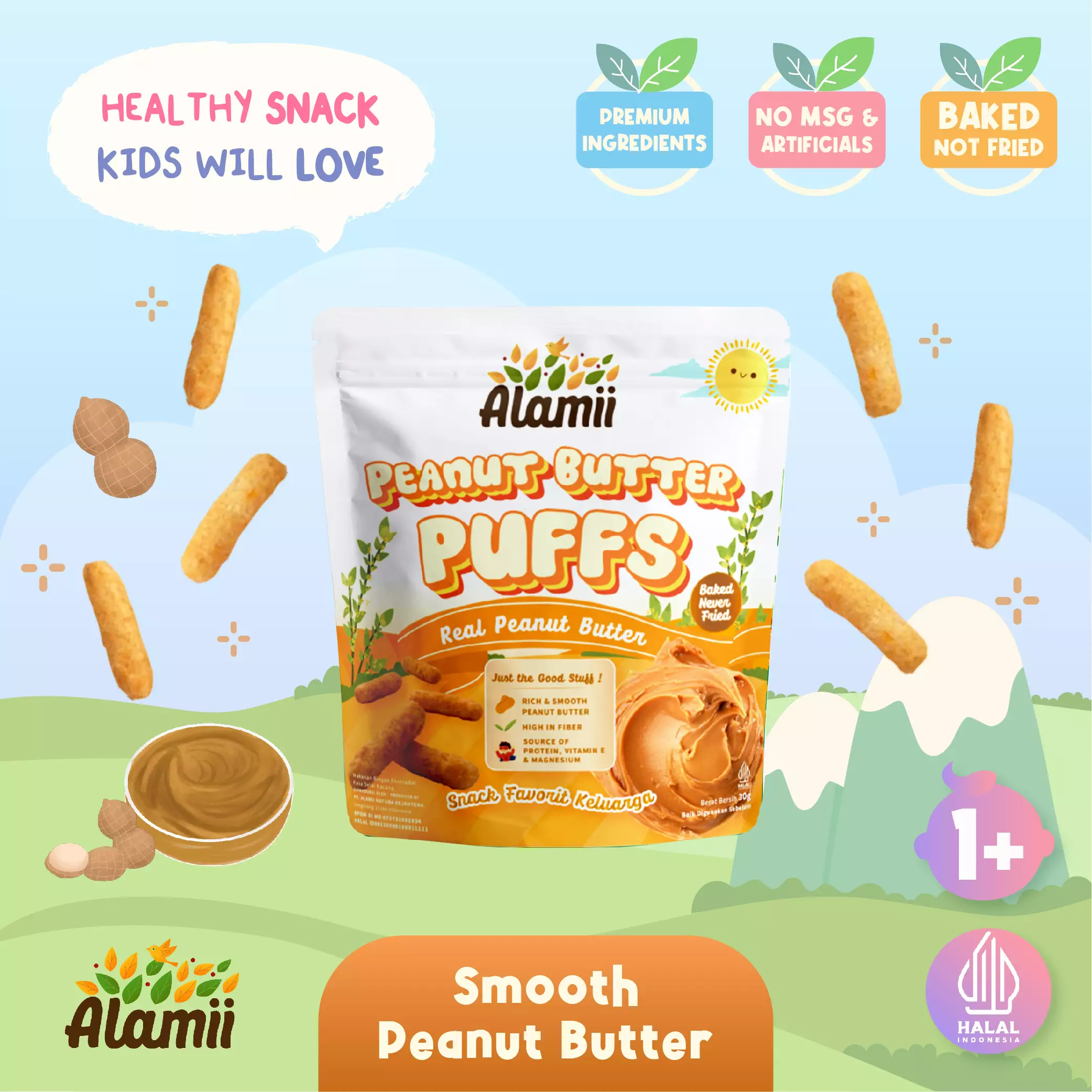 Alamii Peanut Butter Puffs 25 - Cemilan Sehat Anak Rasa Selai Kacang