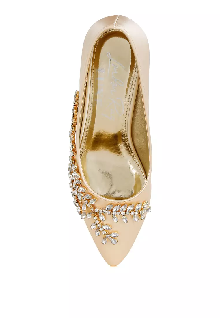 Satin Diamante Embellished Pumps in Beige