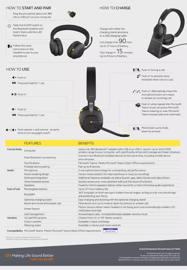 Jabra Evolve2 65 65 Stereo Wireless On-Ear Headset User Manual