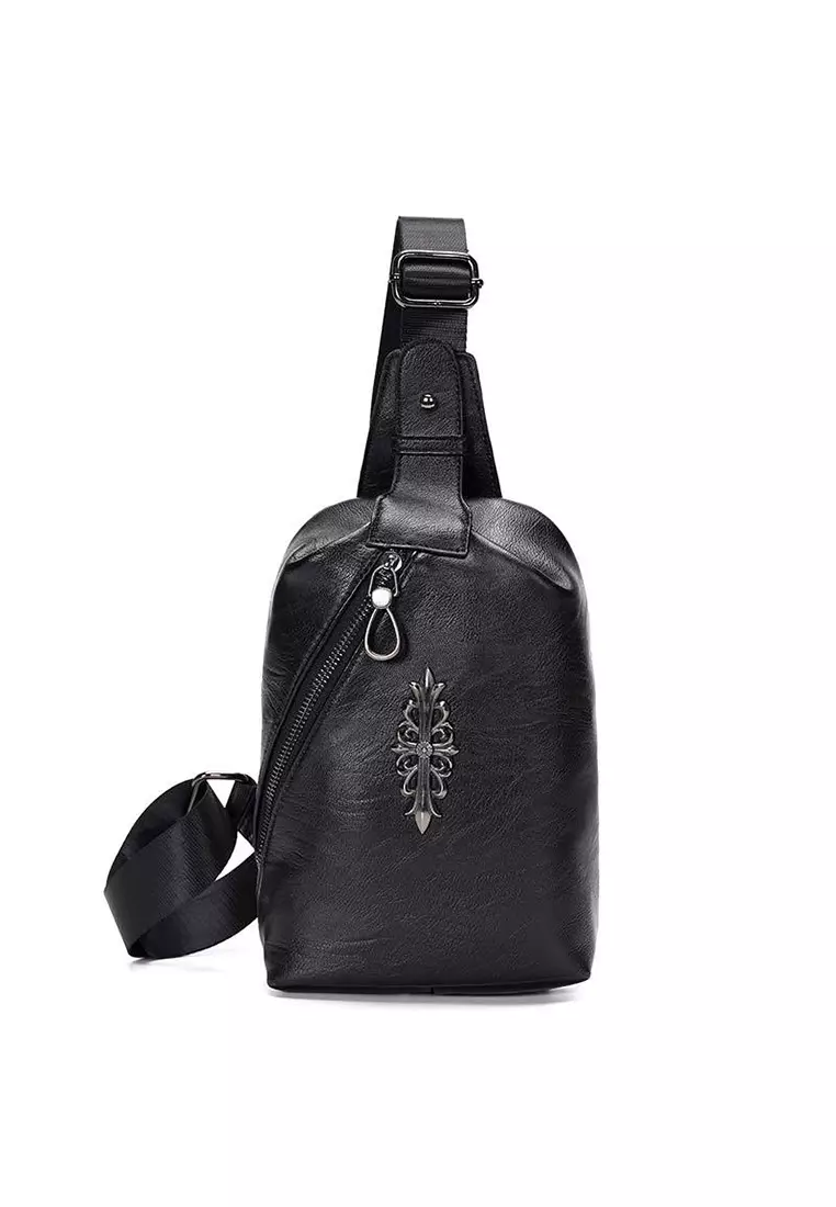 Men s Fashionable Leather Shoulder Bag Sling Bag Chest Bag Black