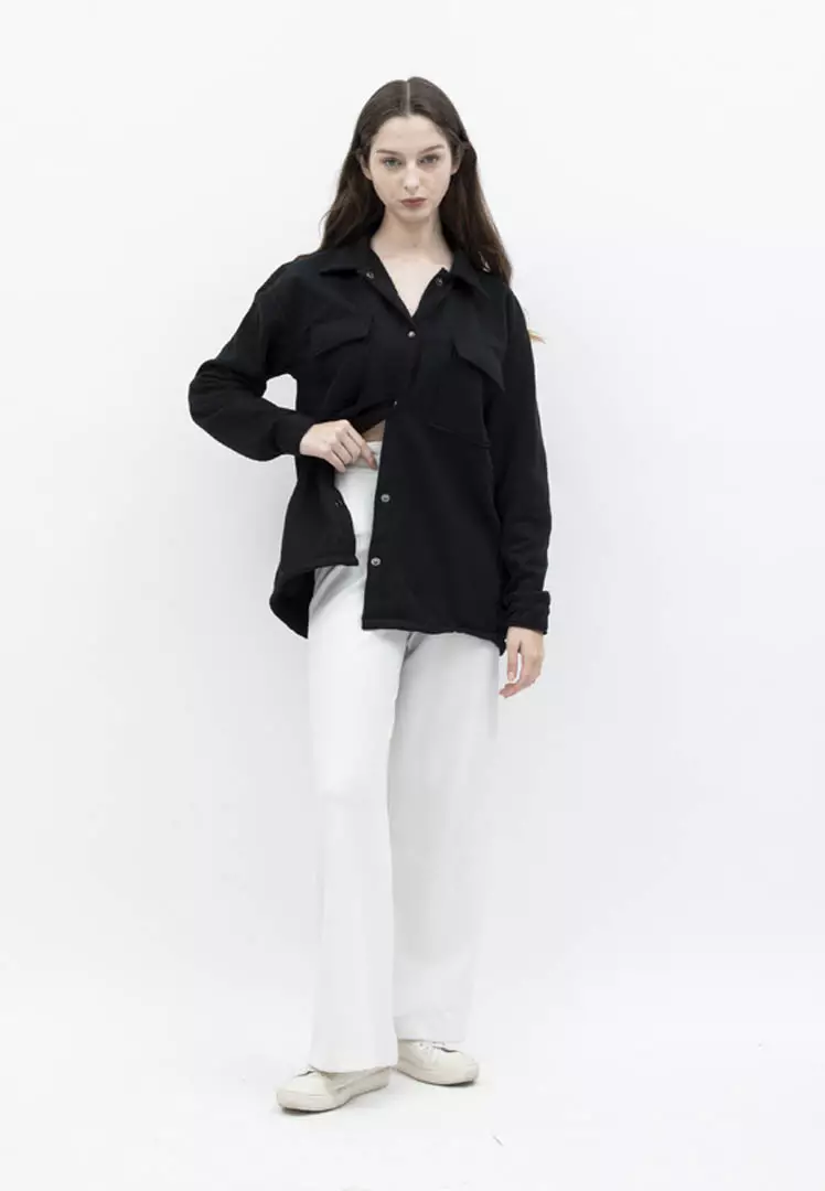 Houseofcuff Jaket Kemeja Casual Pria Wanita Unisex Soft Fleece Hitam