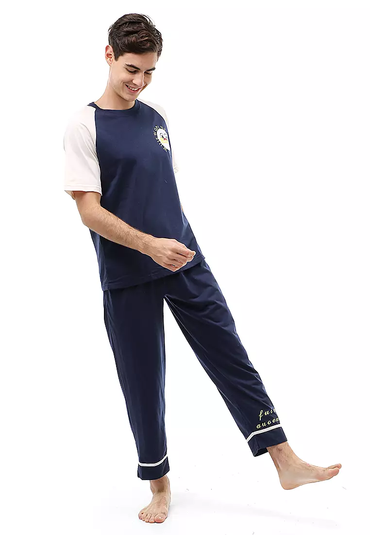 Klicin Setelan Piyama Baju Tidur Pria Short Sleeve Material Cotton ORIGINAL - Navy