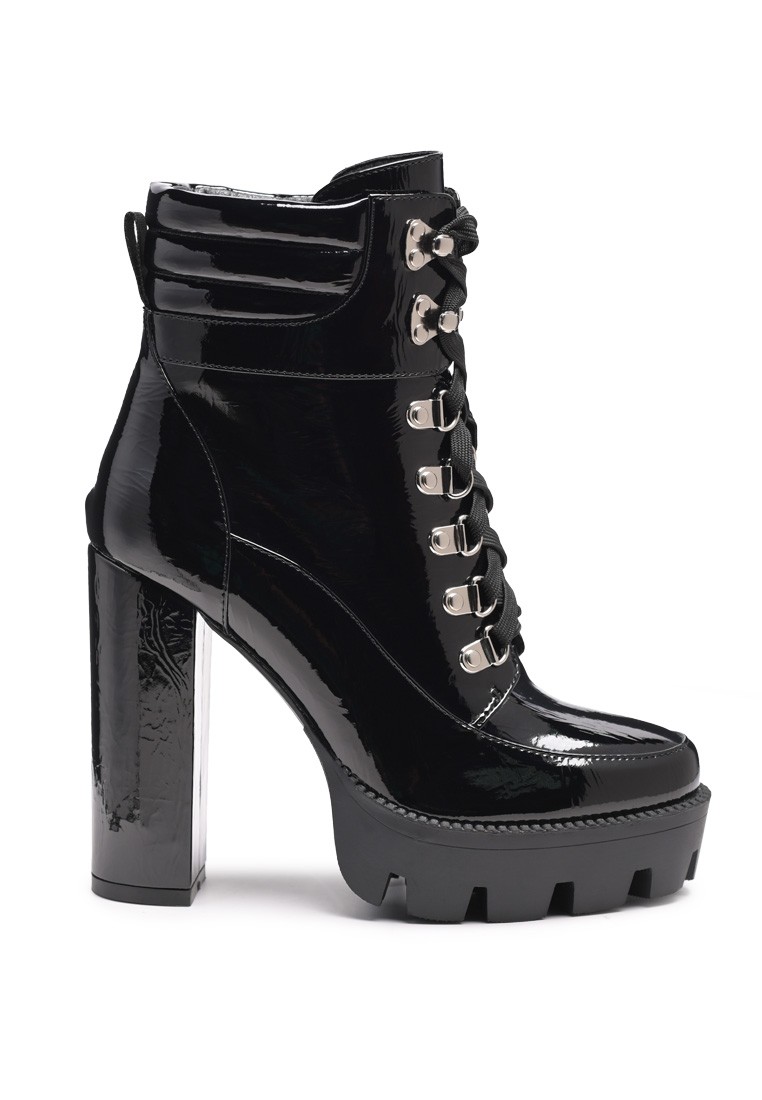High Block Heeled Cushion Collared Patent PU Lace-Up Boot in Black