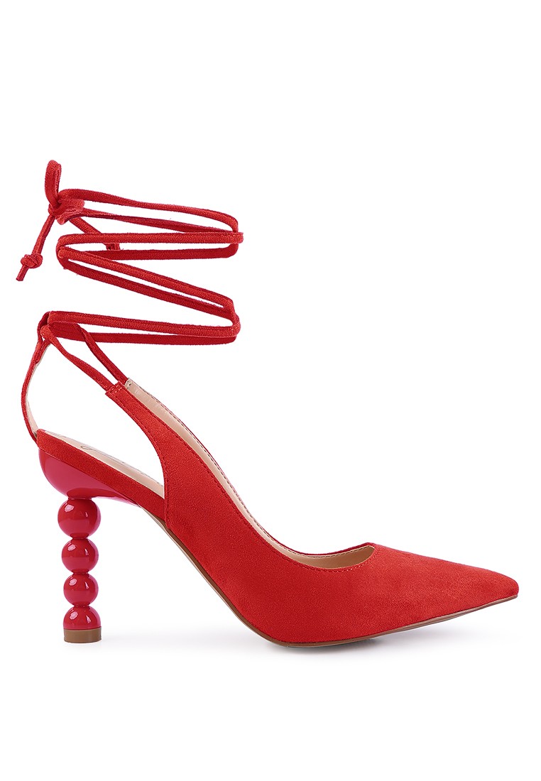 Red Faux Suede Cut Out Heel Laceup Sandals
