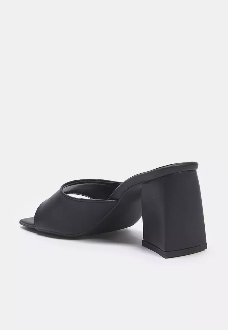 Black Asymmetric Block Heeled Thick Banded Square Toe Women's Heeled Slippers Takss25To00009