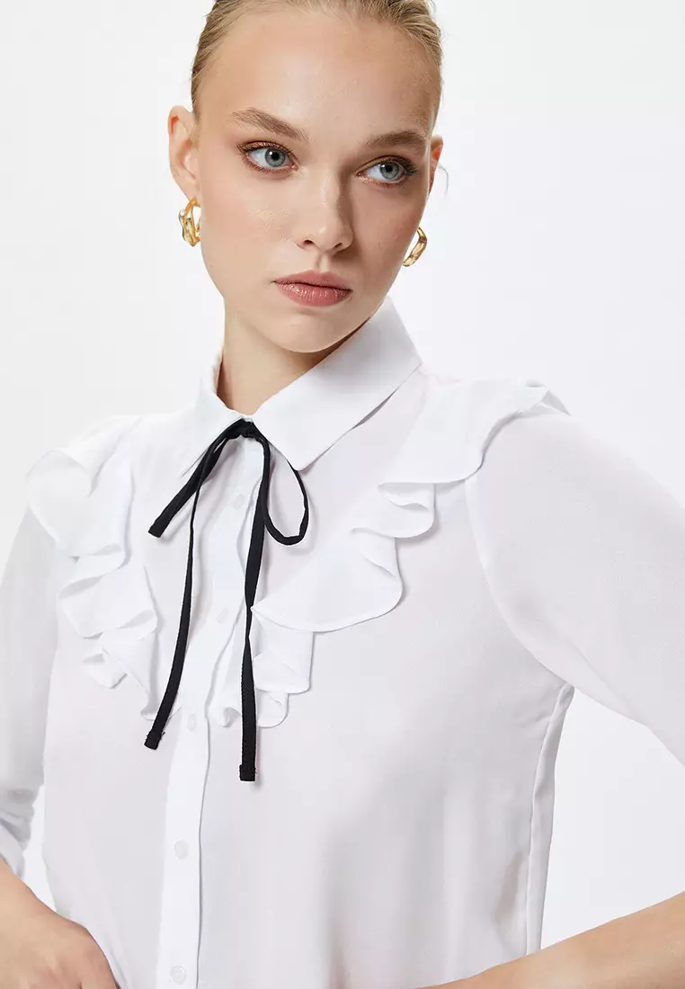 Camicetta Koton A Righe Con Volant, Manica Lunga, Girocollo, In Viscosa, Per Bambina 9/10 Anni, Bianco