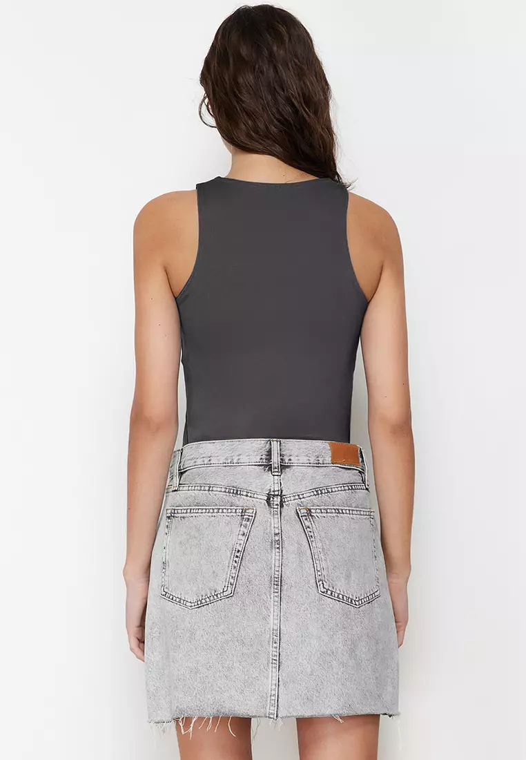 Anthracite Halter Neck Body-Smoothing Flexible Bottom Snap Knit Bodysuit TWOSS20BD0044