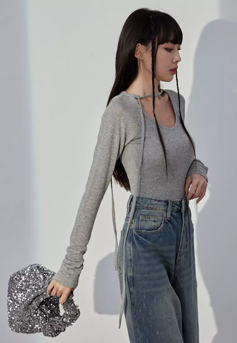 Long Sleeve Top With Tie-Front Strap Neckline