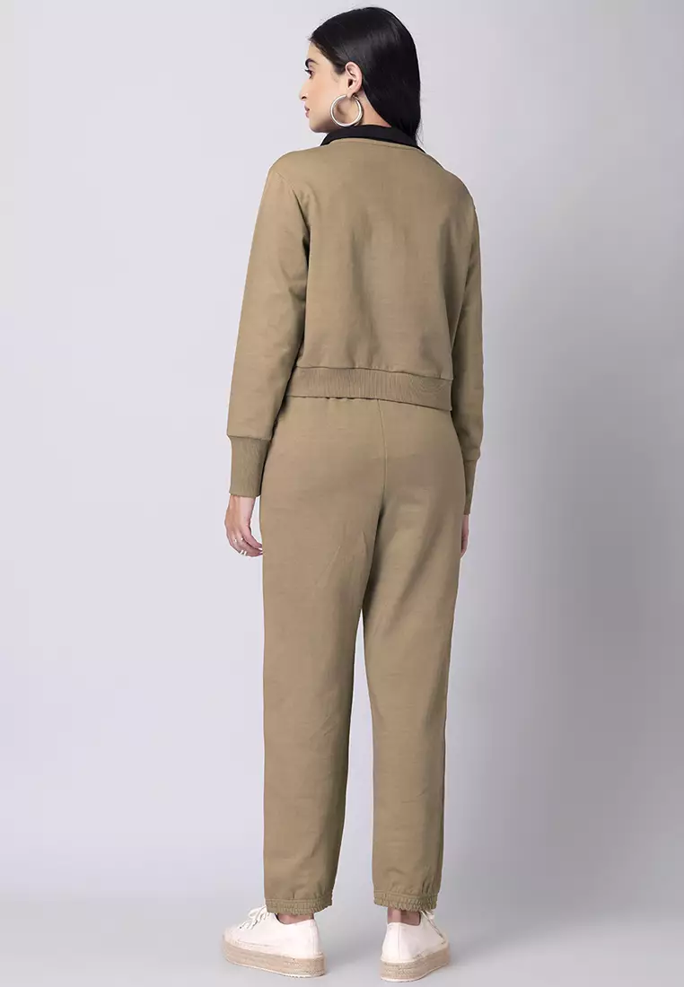 Beige Black Colorblock Sweatshirt and Joggers Set