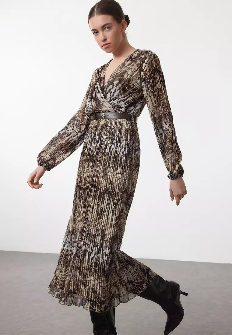 Plisse Belted Midi Dress