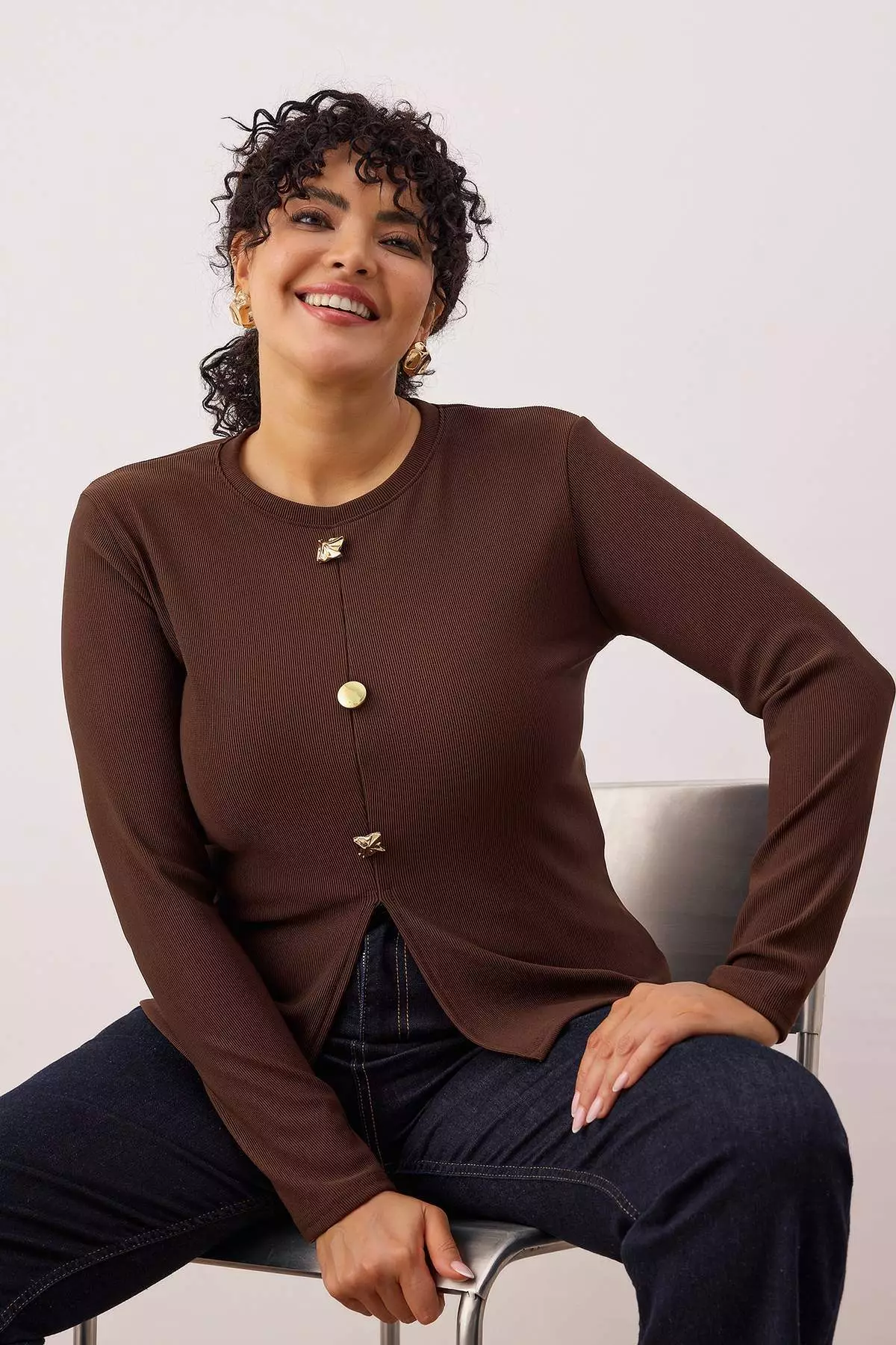 Brown Accessory Buttoned Long Sleeve Ribbed Knitted Plus Size Blouse Tbbaw26Af00078