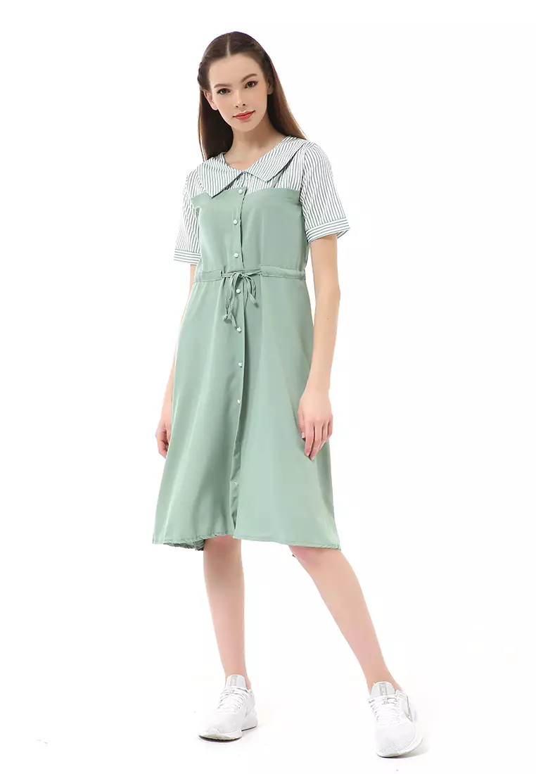 Rachel Midi Dress Wanita Lengan Pendek Vintage Design Tali Pinggang Material Cotton ORIGINAL - Green