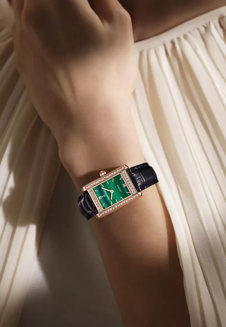 女士 IP 玫瑰金色不鏽鋼石英手錶，24 毫米，鋪滿水晶，孔雀石錶盤，黑色皮錶帶