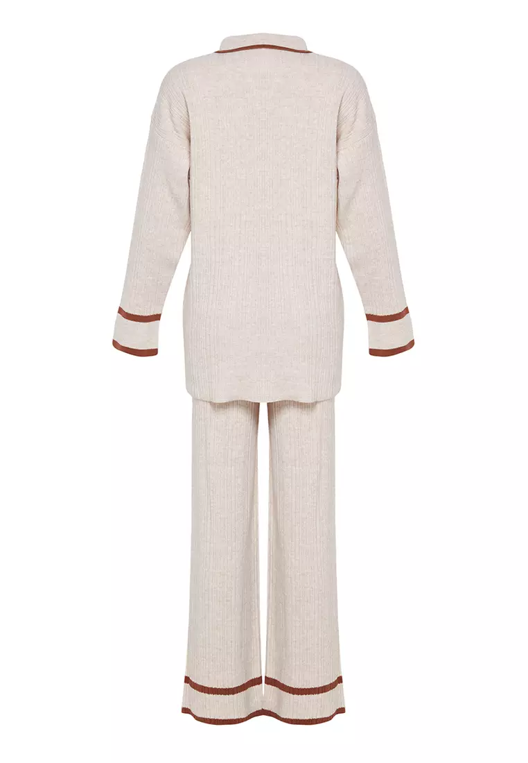 Stone Brown Piping Knitwear Sweater Trousers Bottom-Top Set TCTAW25US00015