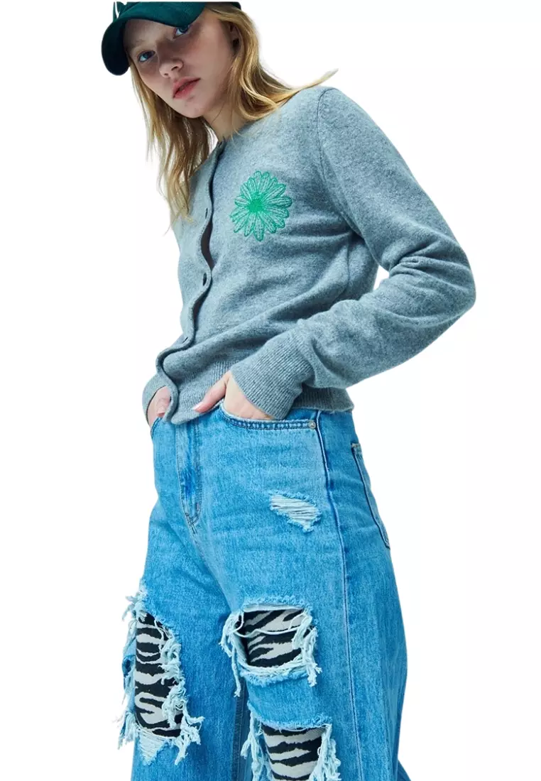 Cashmere Blended Cardigan Round Neck - Grey Green