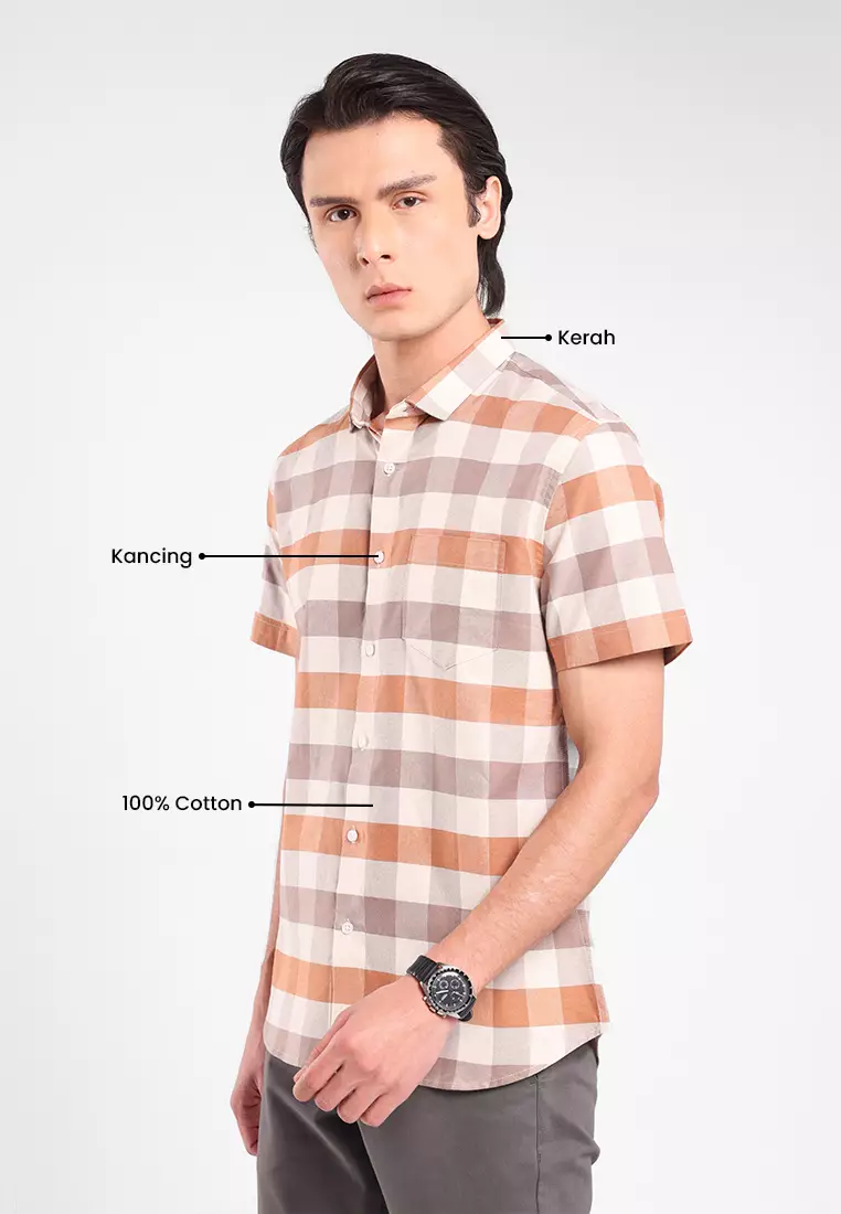 MANZONE - Kemeja Oxford Lengan Pendek Pria Rodrick 05 Slim Fit - Light Brown
