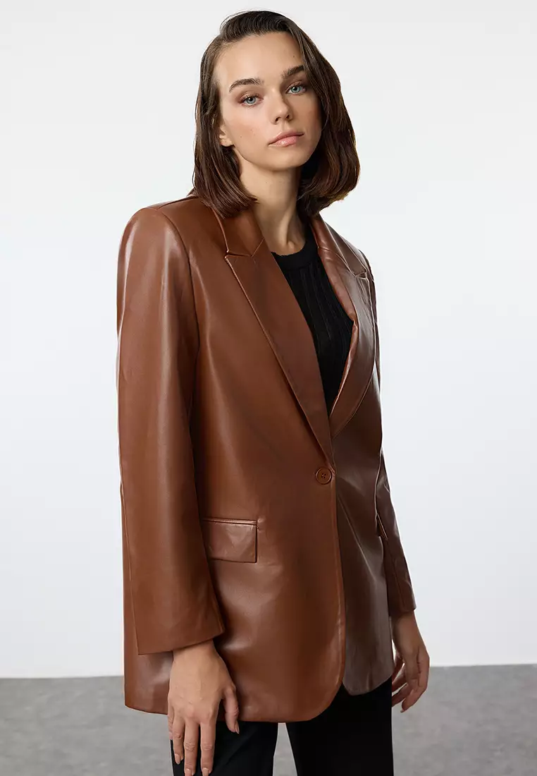 Brown Oversize Faux Leather Blazer Jacket
