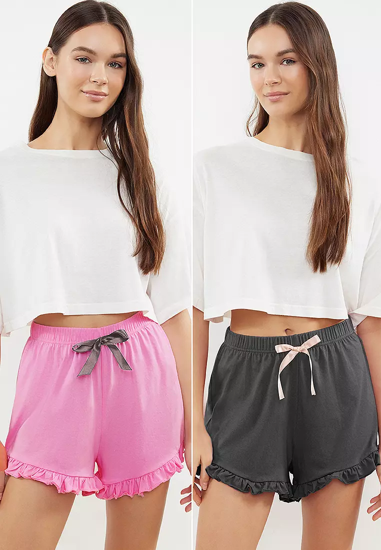 Gray-Pink 2-Pack Cotton Ruffle Ribbon/Bow Detail Knitted Pajama Bottoms