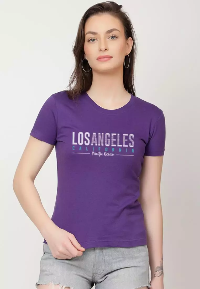 洛杉矶休闲短袖时尚紫色棉质休闲图案印花 T 恤/T 恤