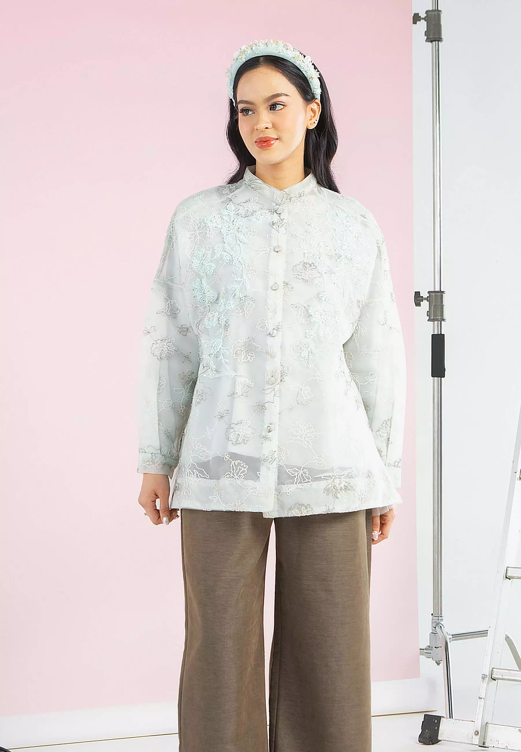 HijabChic Moa Mint Top - Baju Lebaran Elegan Brukat Payet Bunga Premium Pleats Belakang Cantik