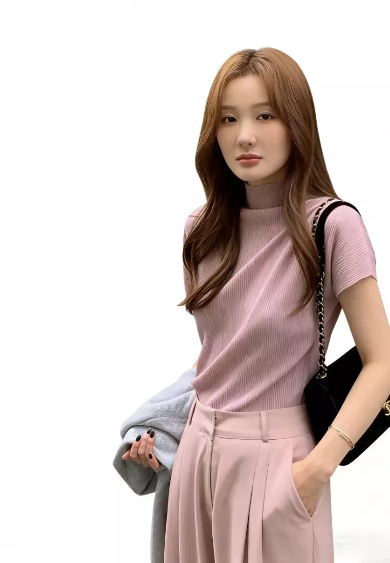Half Mock Neck Textured Short Sleeve T-Shirt CA26031922PI