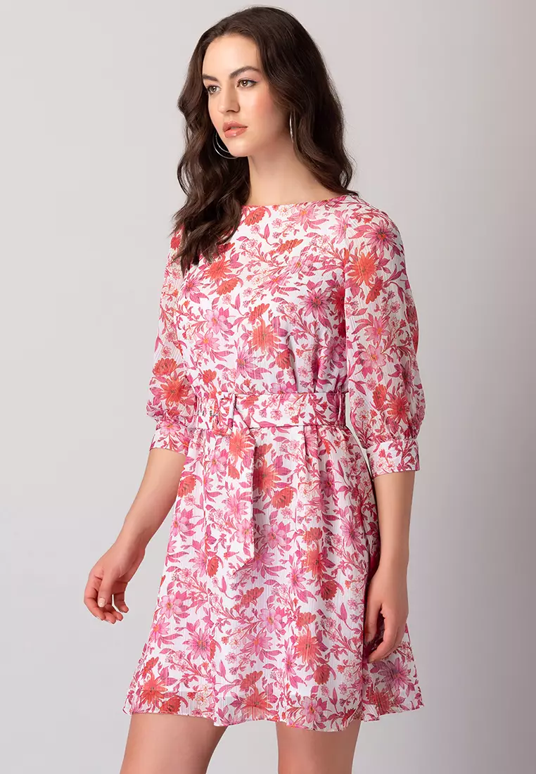 White Floral Print Shift Dress With Buckle Belt