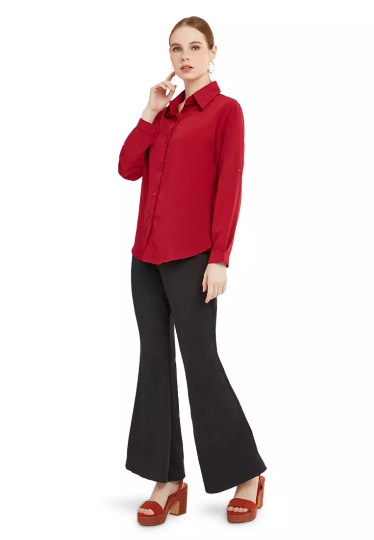 Kemeja Kerja Polos Plain Wanita Lengan Panjang Reguler Fit Premium Quality - Maroon