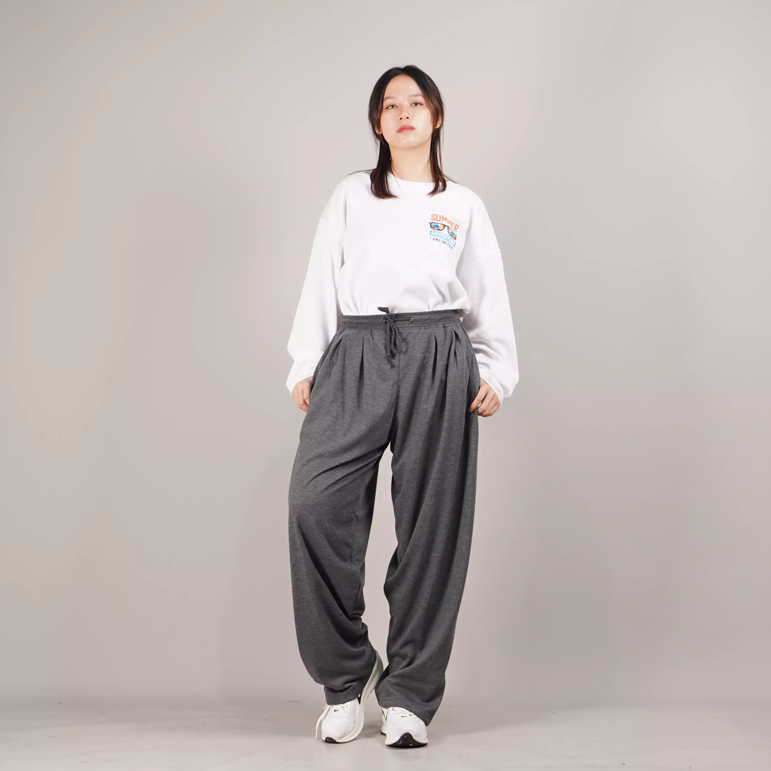 BAGGY PANTS Celana Wide Leg Celana Wanita Baggy Loose Fit Pants Celana Loose Pants - ABU TUA