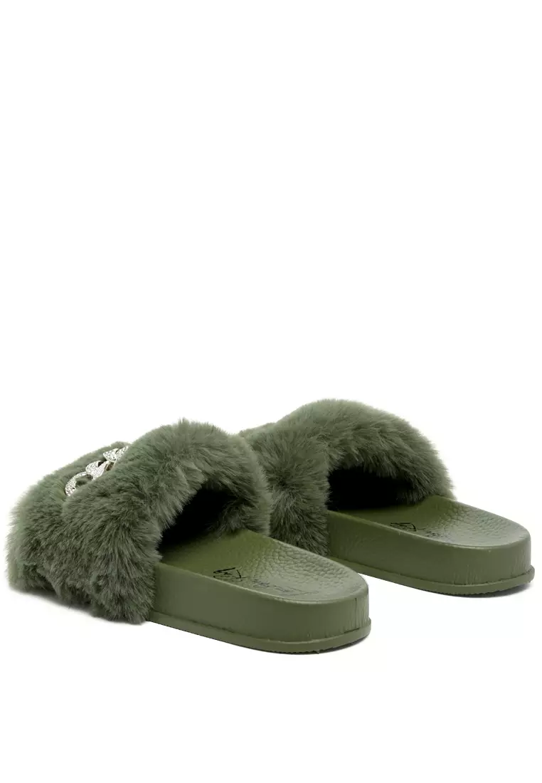 Olive green fur slides clearance