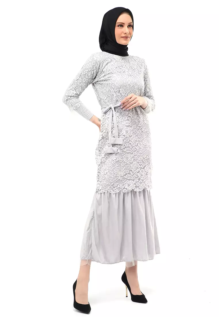 Selena Gamis Muslimah Wanita Motif Brukat Long Sleeve Regular Fit - Abu