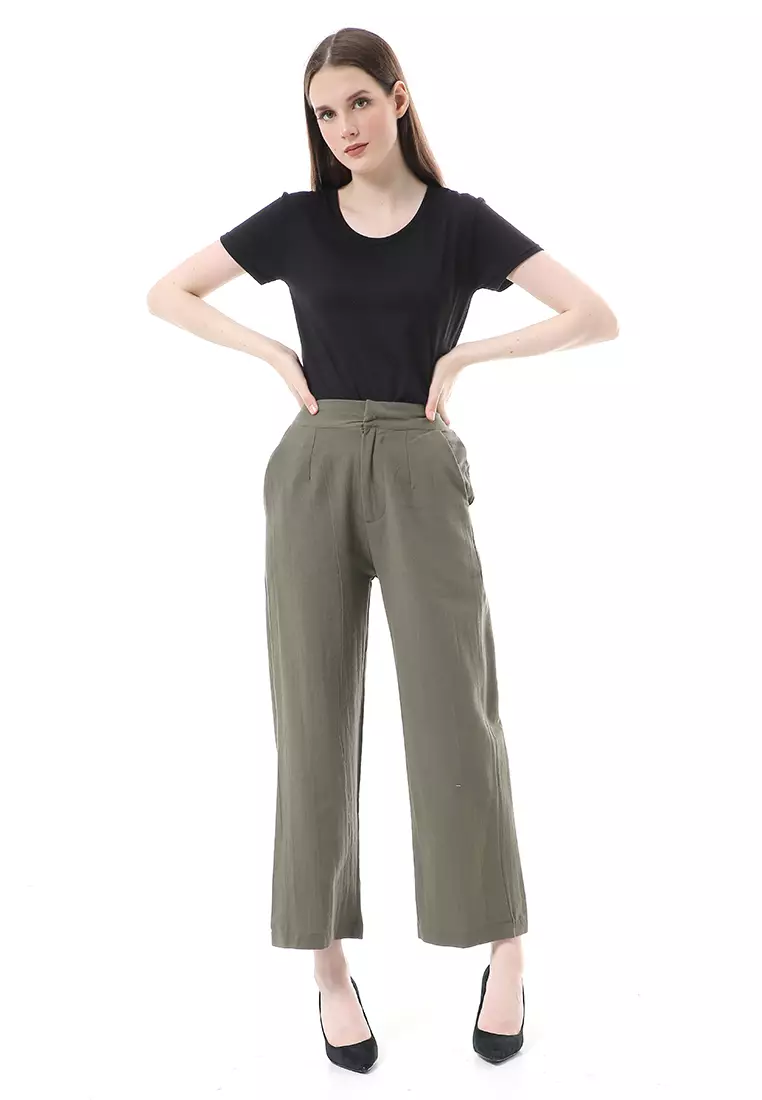 Celana Kulot Bawahan Wanita Highwaist Desain Casual Motif Polos Regular Fit - Army