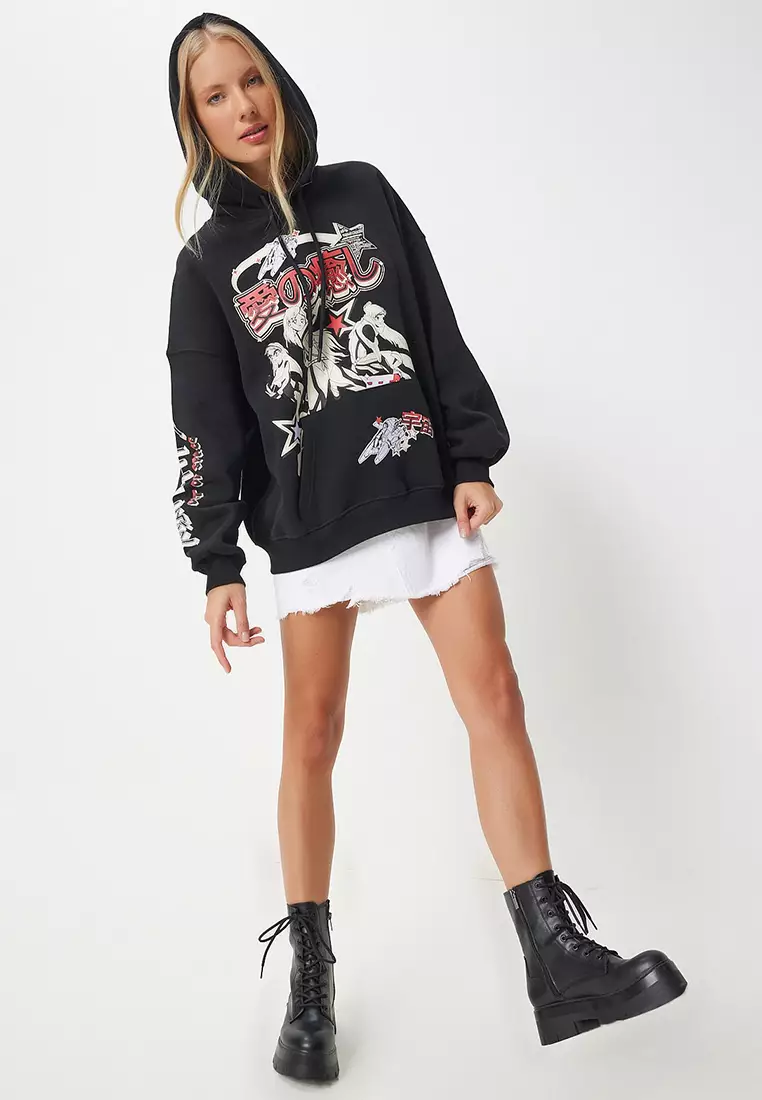 Printed Hooded Raised Knitted Sweatshirt
