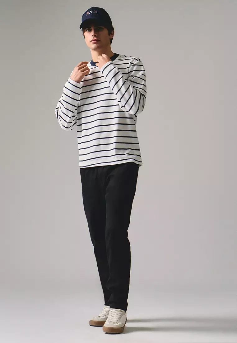 Regular Fit Long Sleeve Striped T-Shirt In Honeycomb Pique