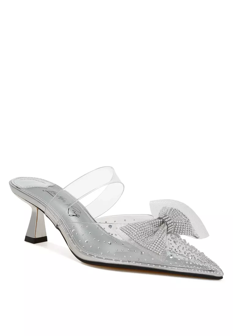 Embellished Bow Kitten Heels in Silver
