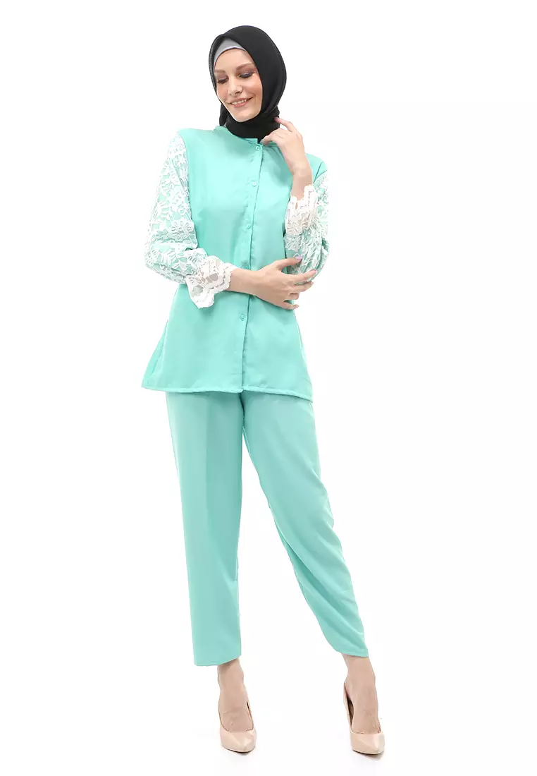 Samantha Tunik Muslimah Set Atasan Bawahan Wanita Premium Quality - Green
