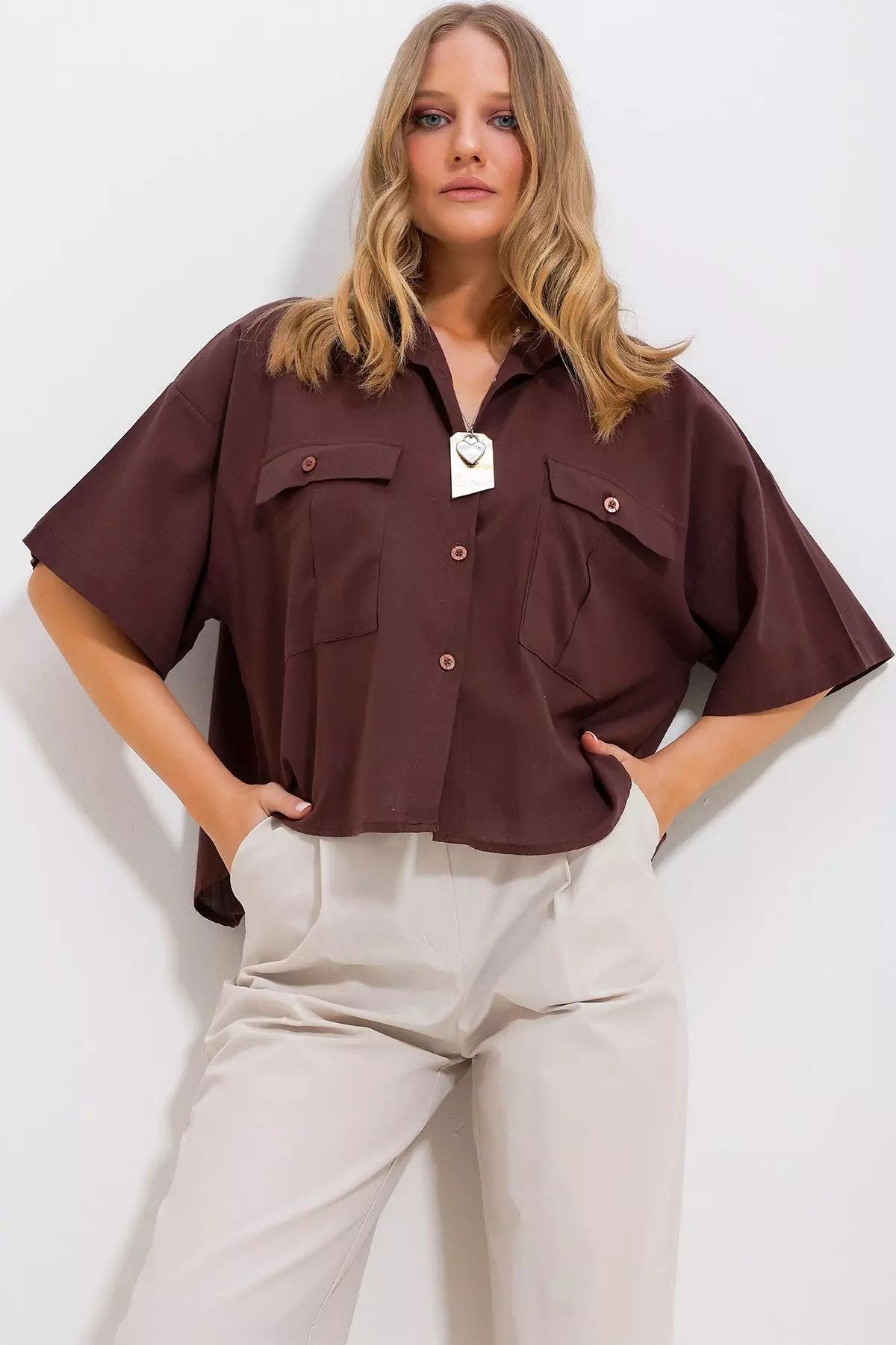 Women's Brown Double Pocket Half Sleeve Linen Shirt Alc-X9991