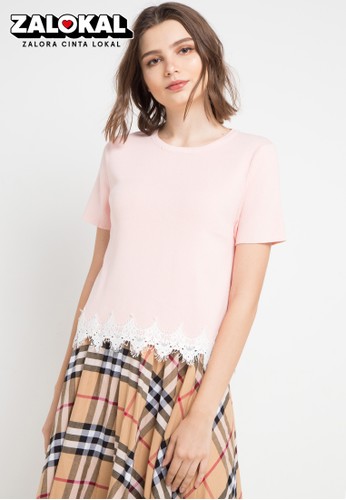 Jual Uptown Girl S S Round Neck Knitted Blouse With Lace Detail On Hem Original Zalora Indonesia