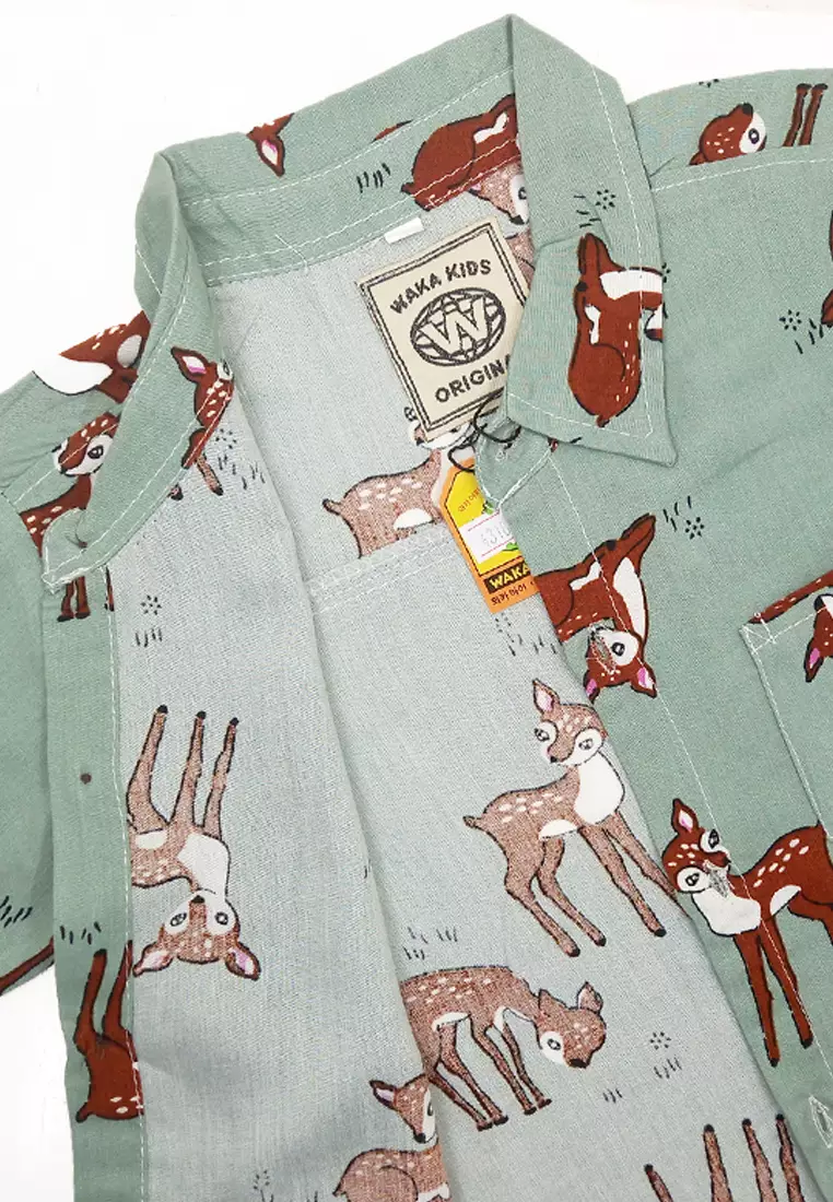 Wakakids Kemeja Anak Laki Laki Usia 1 Tahun Hingga 5 Tahun Atasan Baju Kerah Collar Shirt Motif Rusa Deer Pattern 4318 Vensk