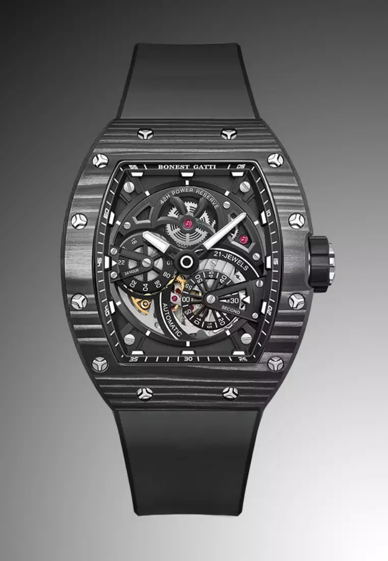 Automatic Unisex Carbon Fiber Watch, Rubber Strap