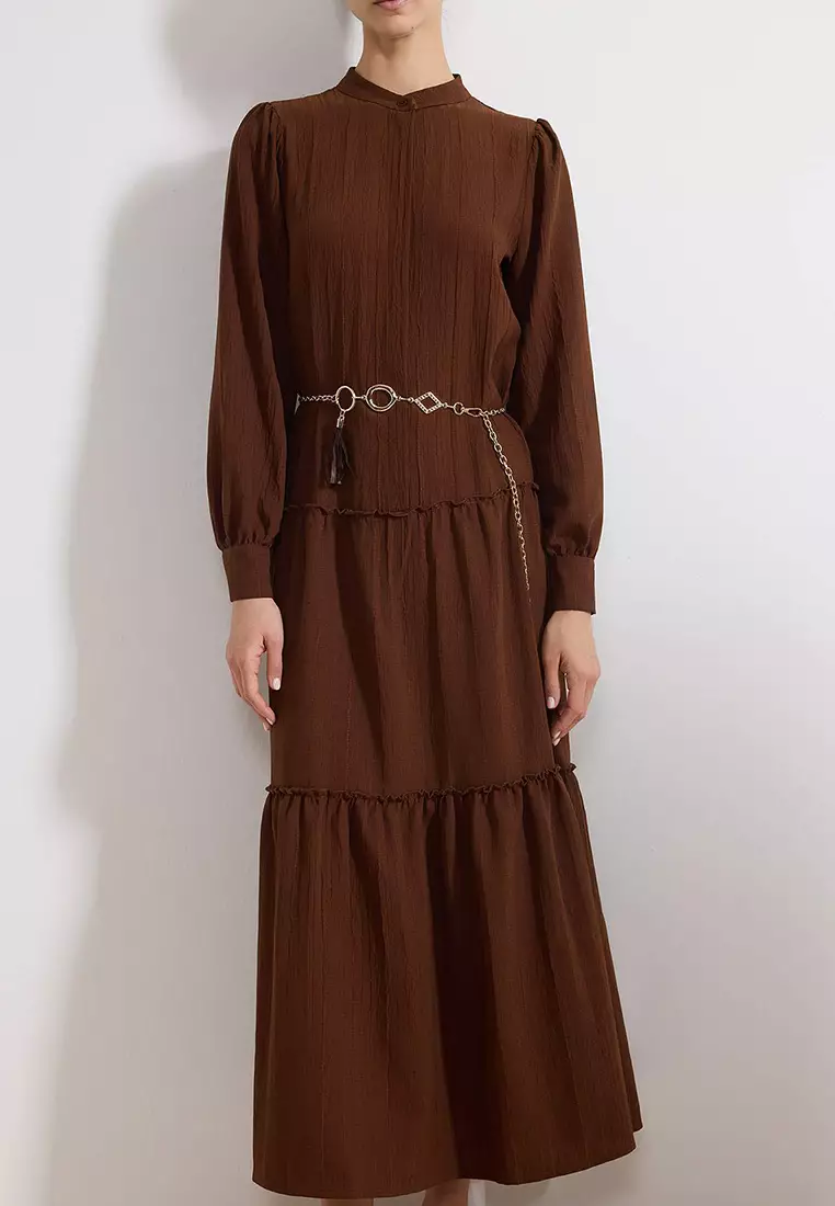 Brown Textured Fabric Chain Belt Detailed Woven Dress Tctss26Eb00034