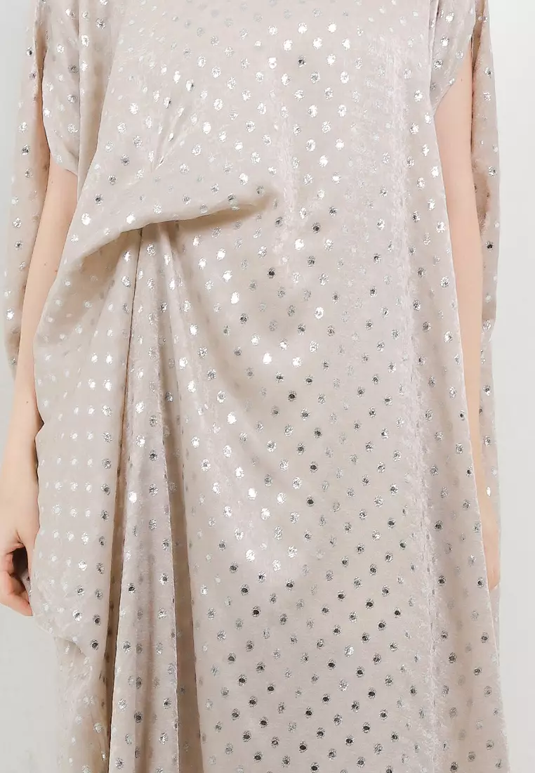 Silver Print Ruched Kaftan W/ Plastic Diamond Around Neckline